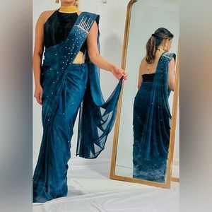 Navy blue pre-draped Saree. Brand new from independent tailor.